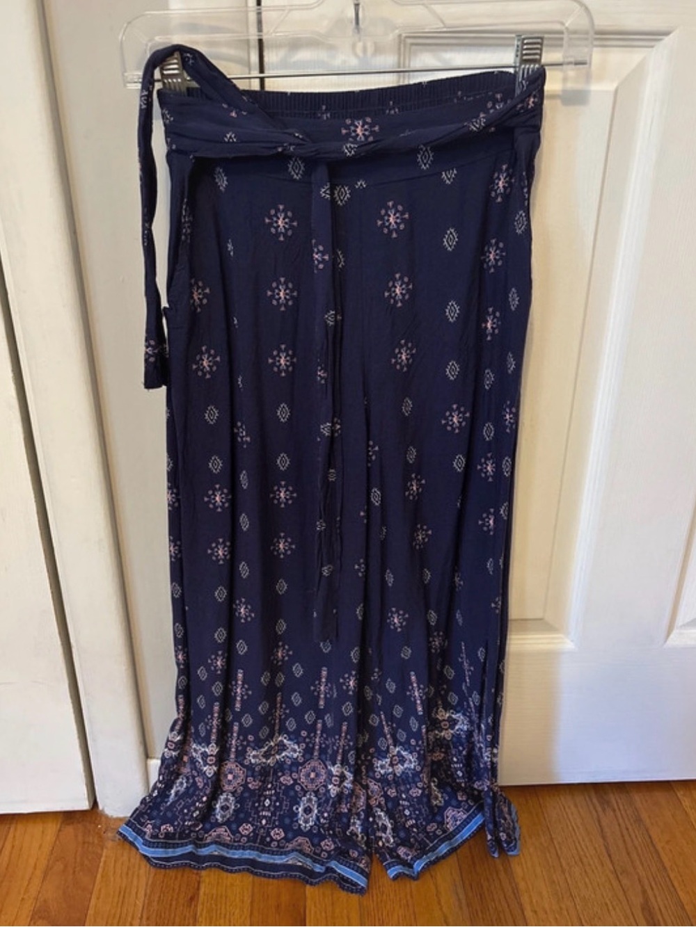Navy Printed rayon pants with Waist Tie